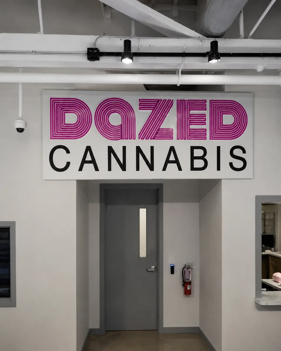 Dazed Cannabis wordmark mounted above the service entrance