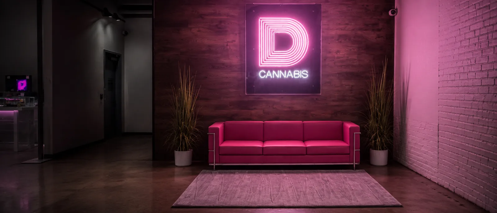 Dazed lounge illuminated by the signature magenta neon mark
