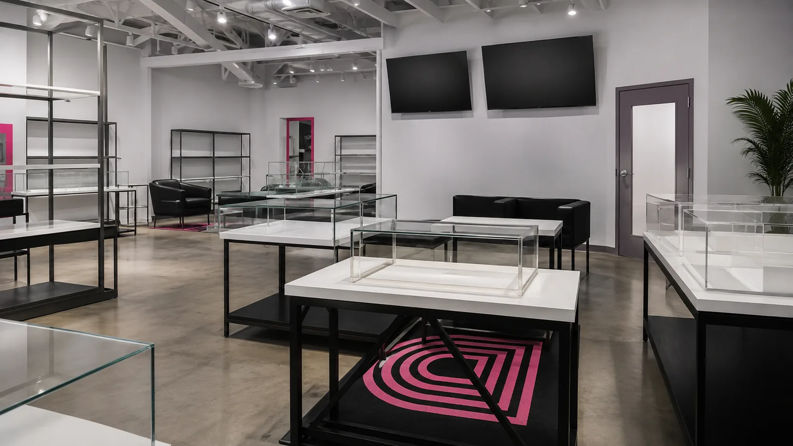 Bright controlled workspace with glass display cases